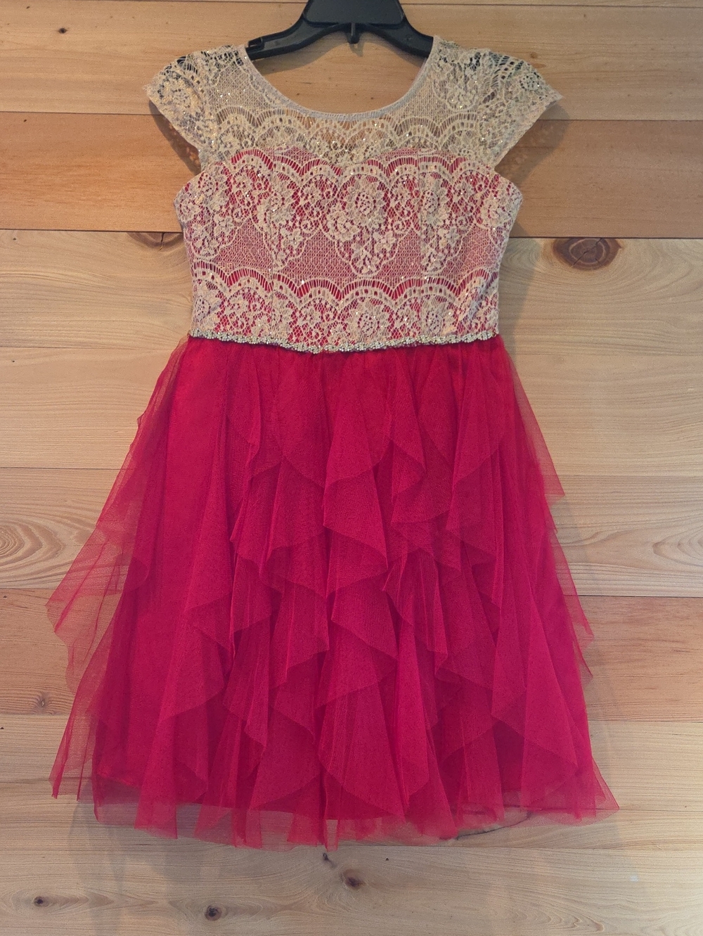 Rare Editions Red Tulle Dress with Cream Lace Bodice